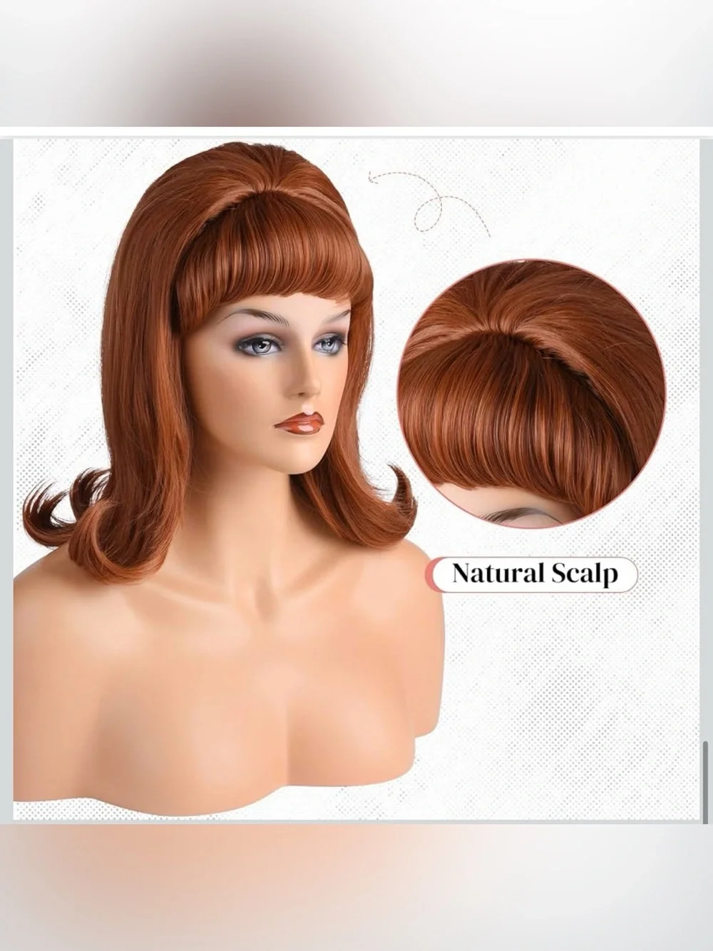 NWT LONAI Retro Brown Wig 50s 60s 70s Wig with Bangs  Synthetic Hair Ginger